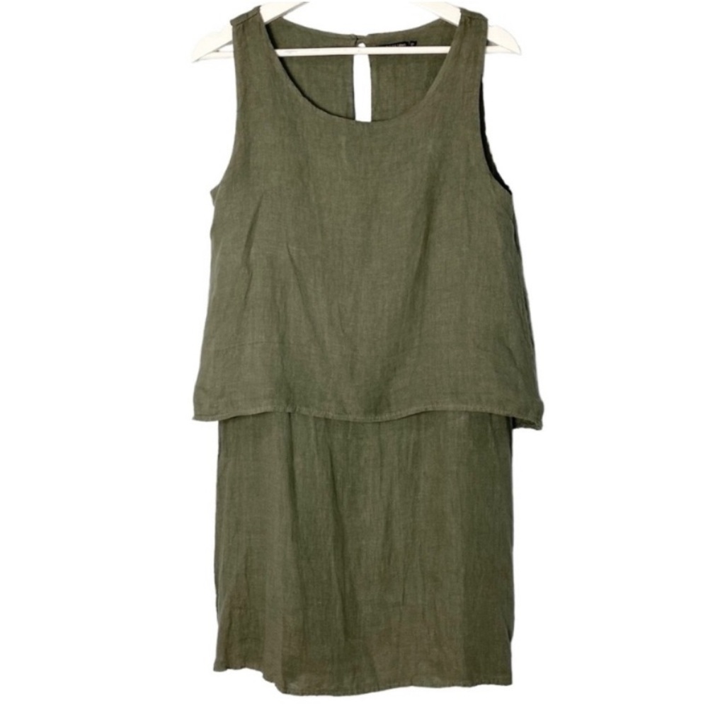 Lungo L’arno Italy Made Pop Over 2 in 1 Olive Green Sleeveless Linen Dress XS. - Picture 2 of 11